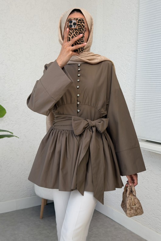 Kuşaklı Kimono Kol Tunik 2343 - KAHVERENGİ