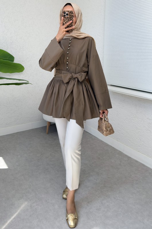 Kuşaklı Kimono Kol Tunik 2343 - KAHVERENGİ