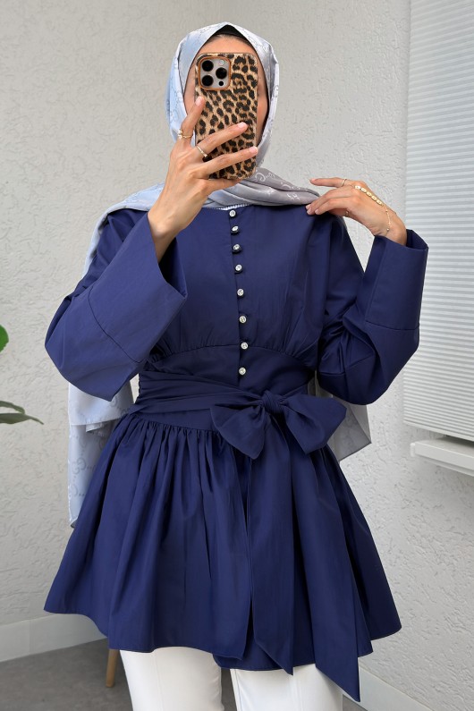 Kuşaklı Kimono Kol Tunik 2343 - LACİVERT