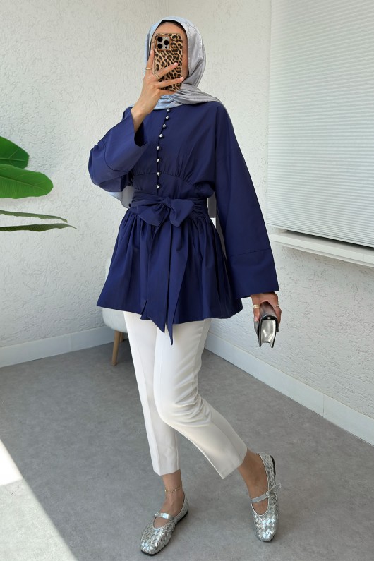 Kuşaklı Kimono Kol Tunik 2343 - LACİVERT