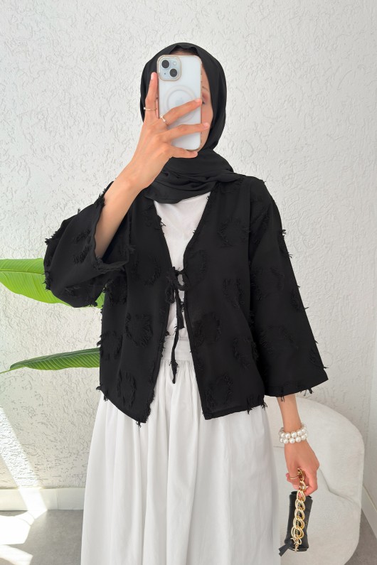 Tek Bağcıklı Püsküllü Kimono 2352 - SİYAH
