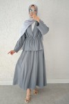 Bel Büzgülü Kimono Etek Takım 2354 - GRİ