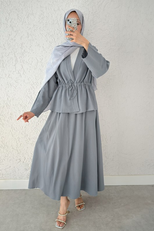 Bel Büzgülü Kimono Etek Takım 2354 - GRİ