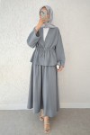 Bel Büzgülü Kimono Etek Takım 2354 - GRİ
