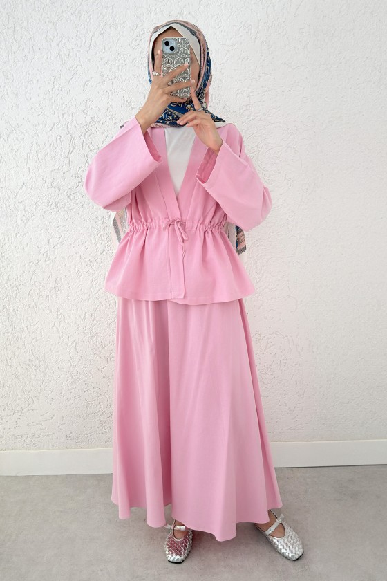 Bel Büzgülü Kimono Etek Takım 2354 - PEMBE