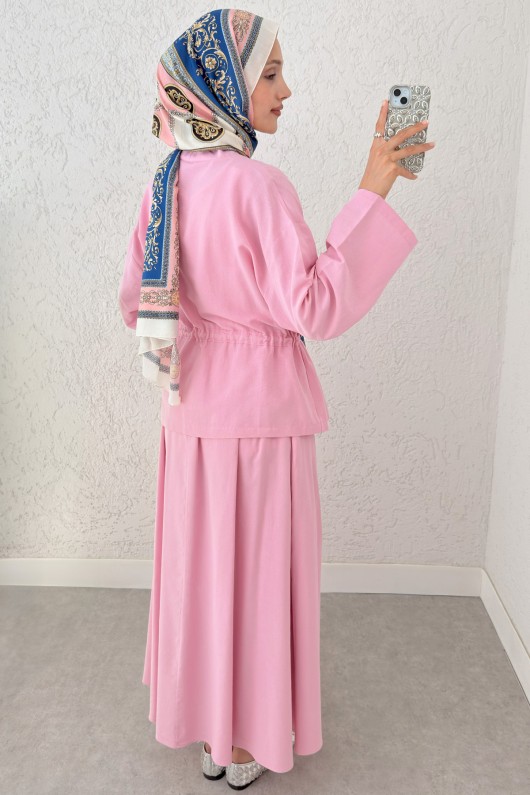 Bel Büzgülü Kimono Etek Takım 2354 - PEMBE
