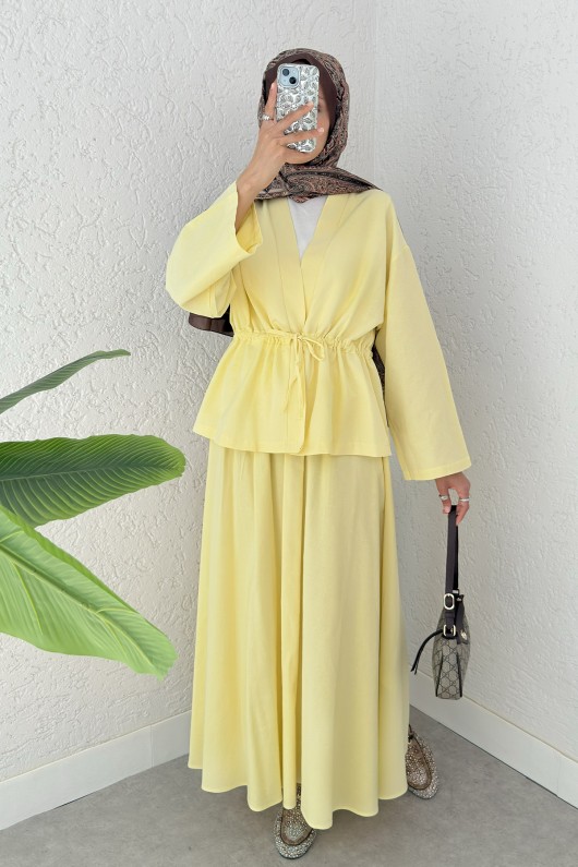 Bel Büzgülü Kimono Etek Takım 2354 - SARI
