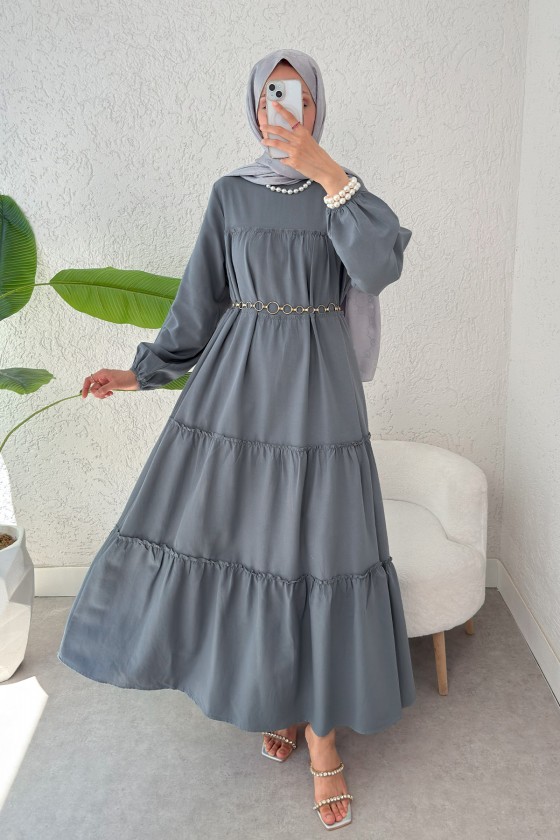 Kat Kat Detaylı Elbise 2355 - GRİ