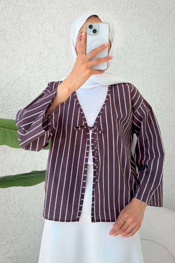 Çizgili İp Bağcıklı Kimono 2357 - VİŞNE ÇÜRÜĞÜ