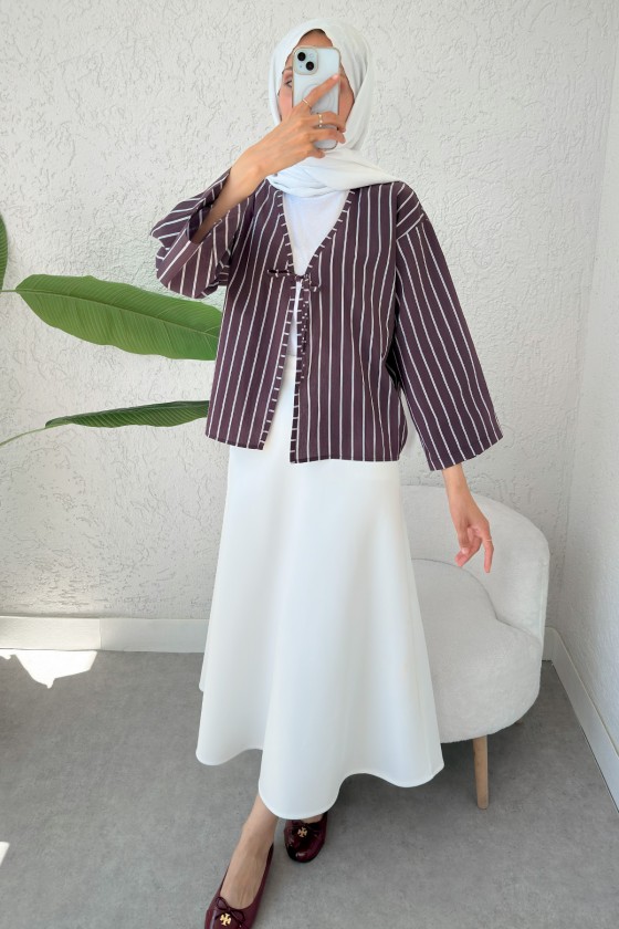 Çizgili İp Bağcıklı Kimono 2357 - VİŞNE ÇÜRÜĞÜ Çizgili İp Bağcıklı Kimono 2357 - VİŞNE ÇÜRÜĞÜ