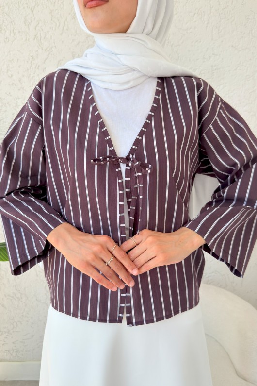 Çizgili İp Bağcıklı Kimono 2357 - VİŞNE ÇÜRÜĞÜ