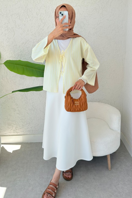 Çizgili İp Bağcıklı Kimono 2357 - SARI Çizgili İp Bağcıklı Kimono 2357 - SARI