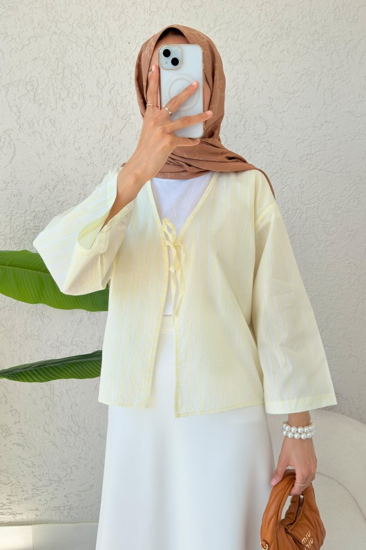 Çizgili İp Bağcıklı Kimono 2357 - SARI Çizgili İp Bağcıklı Kimono 2357 - SARI