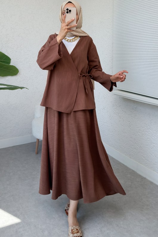 Çapraz Bağlamalı Etekli Takım 2363 - KAHVERENGİ