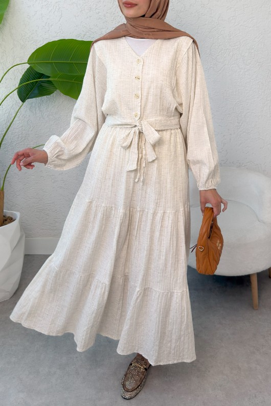 Dokulu Kuşaklı Balon Kol Etekli Takım 2365 - EKRU Dokulu Kuşaklı Balon Kol Etekli Takım 2365 - EKRU