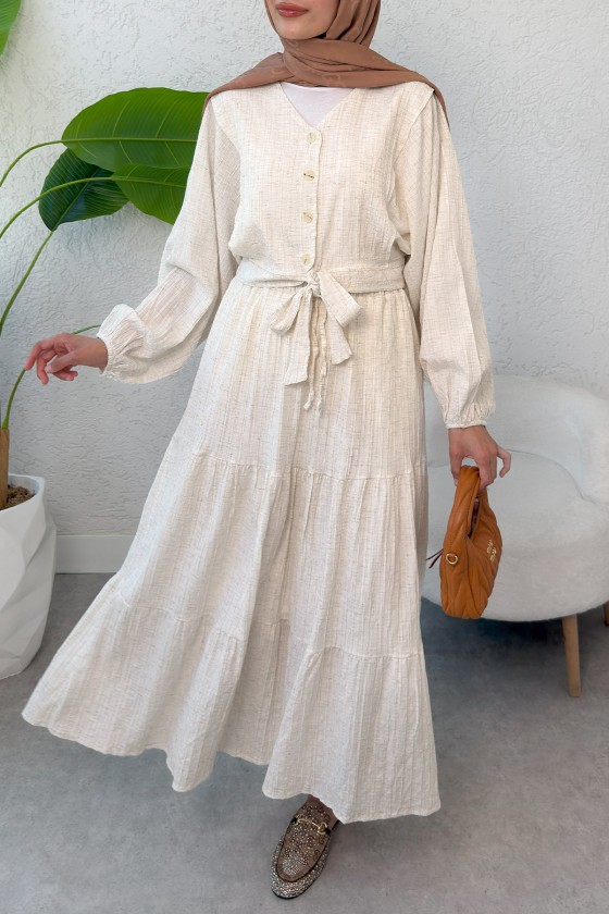 Dokulu Kuşaklı Balon Kol Etekli Takım 2365 - EKRU