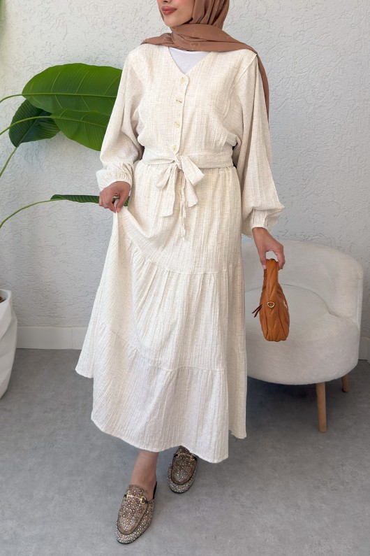 Dokulu Kuşaklı Balon Kol Etekli Takım 2365 - EKRU Dokulu Kuşaklı Balon Kol Etekli Takım 2365 - EKRU