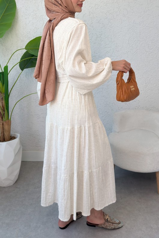 Dokulu Kuşaklı Balon Kol Etekli Takım 2365 - EKRU Dokulu Kuşaklı Balon Kol Etekli Takım 2365 - EKRU