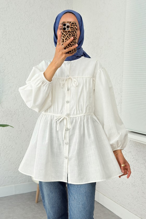 Büzgü Detaylı Bağcıklı Tunik 2366 - BEYAZ