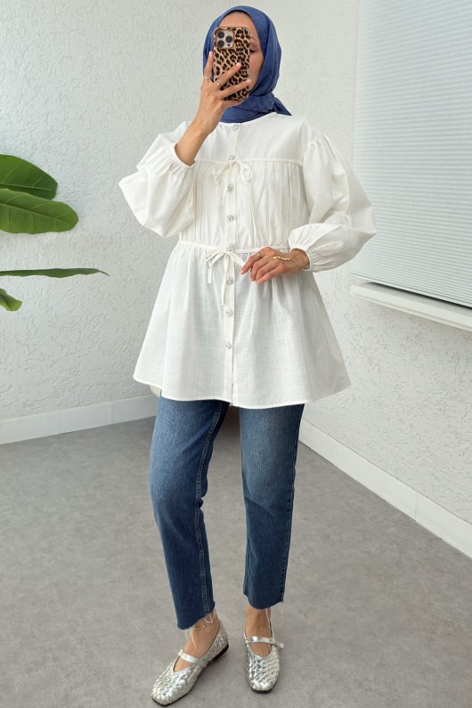 Büzgü Detaylı Bağcıklı Tunik 2366 - BEYAZ
