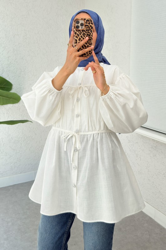 Büzgü Detaylı Bağcıklı Tunik 2366 - BEYAZ