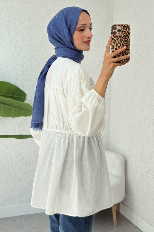 Büzgü Detaylı Bağcıklı Tunik 2366 - BEYAZ