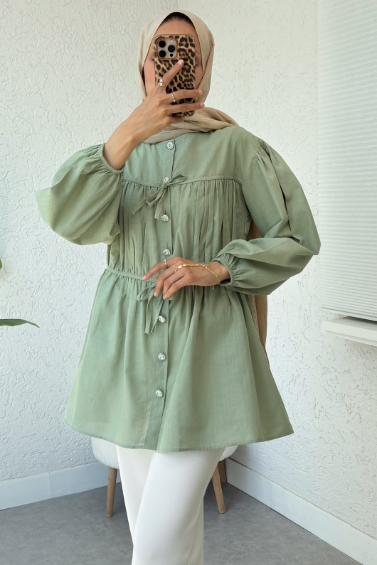 Büzgü Detaylı Bağcıklı Tunik 2366 - HAKİ