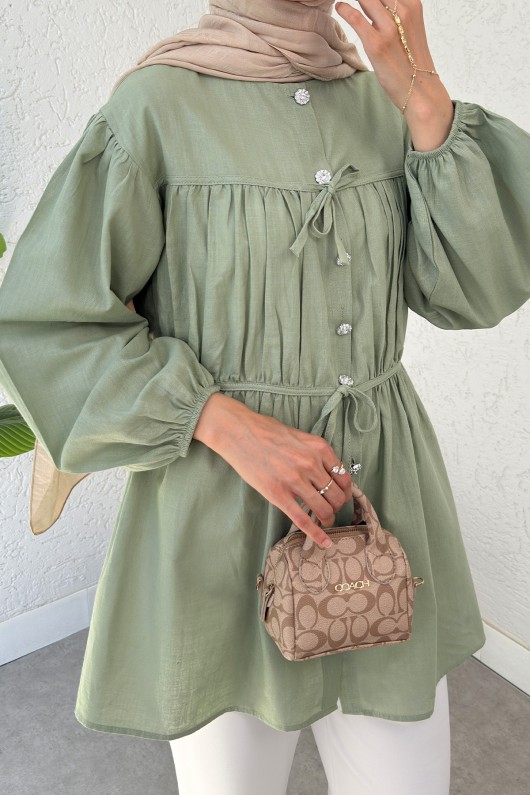 Büzgü Detaylı Bağcıklı Tunik 2366 - HAKİ