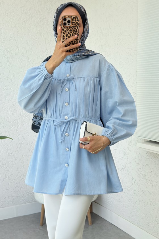 Büzgü Detaylı Bağcıklı Tunik 2366 - BEBE MAVİSİ