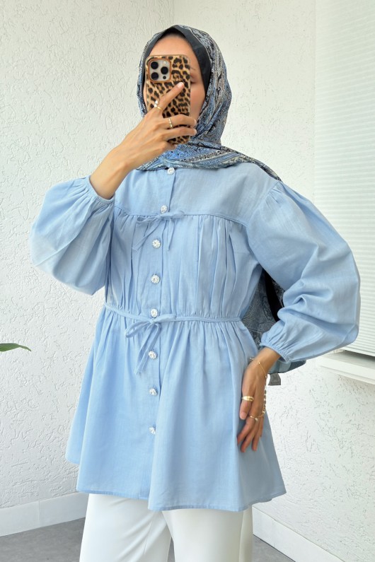 Büzgü Detaylı Bağcıklı Tunik 2366 - BEBE MAVİSİ