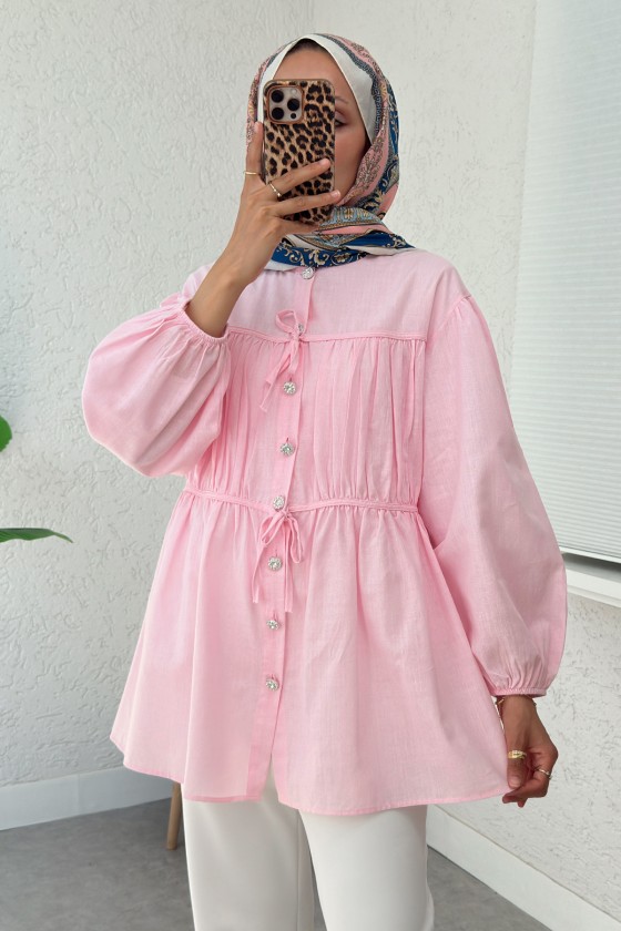 Büzgü Detaylı Bağcıklı Tunik 2366 - PEMBE