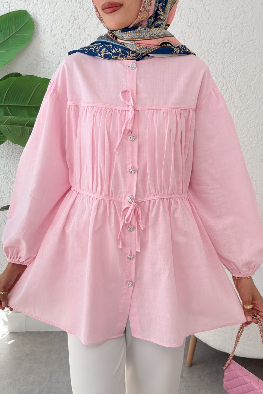 Büzgü Detaylı Bağcıklı Tunik 2366 - PEMBE