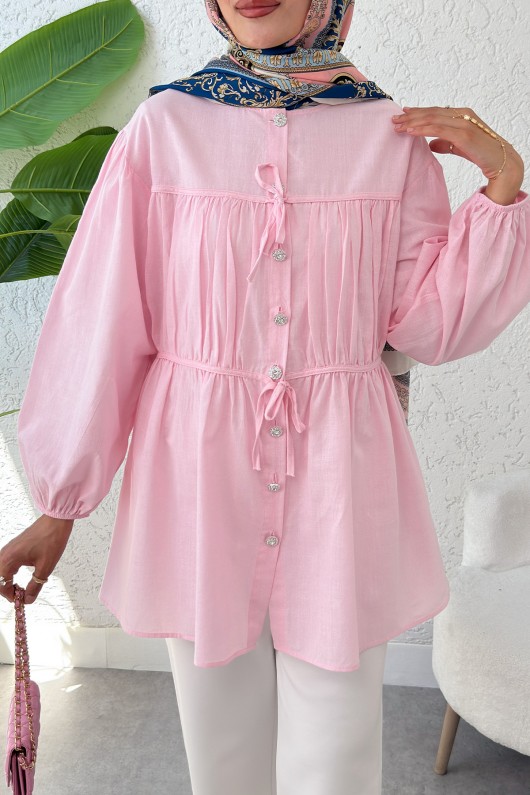 Büzgü Detaylı Bağcıklı Tunik 2366 - PEMBE