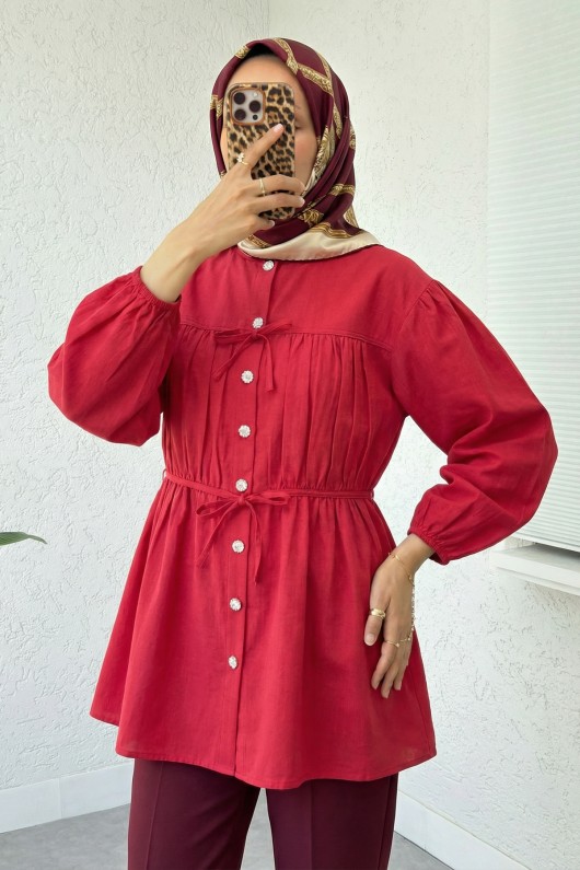 Büzgü Detaylı Bağcıklı Tunik 2366 - KIRMIZI