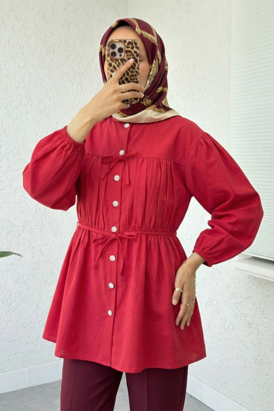 Büzgü Detaylı Bağcıklı Tunik 2366 - KIRMIZI