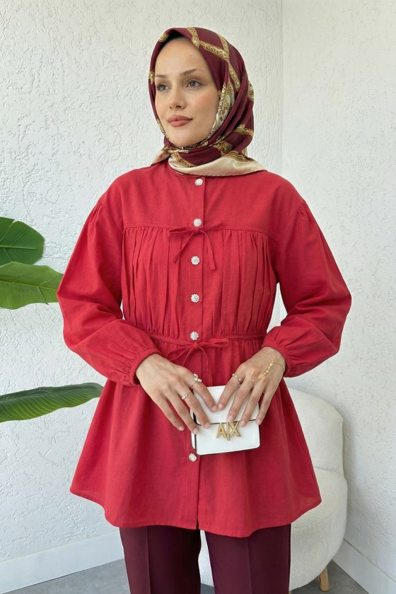 Büzgü Detaylı Bağcıklı Tunik 2366 - KIRMIZI