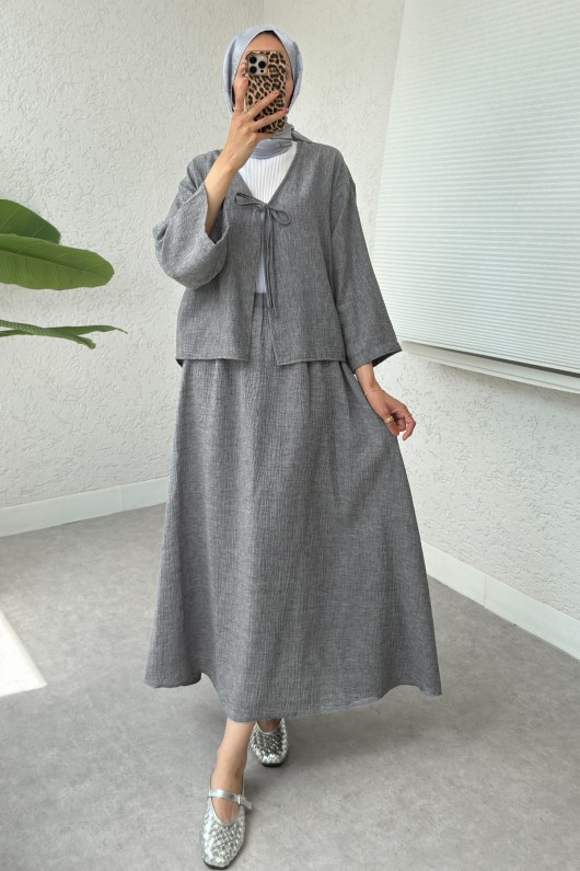 İp Bağcıklı Kimono Etek Takım 2367 - GRİ