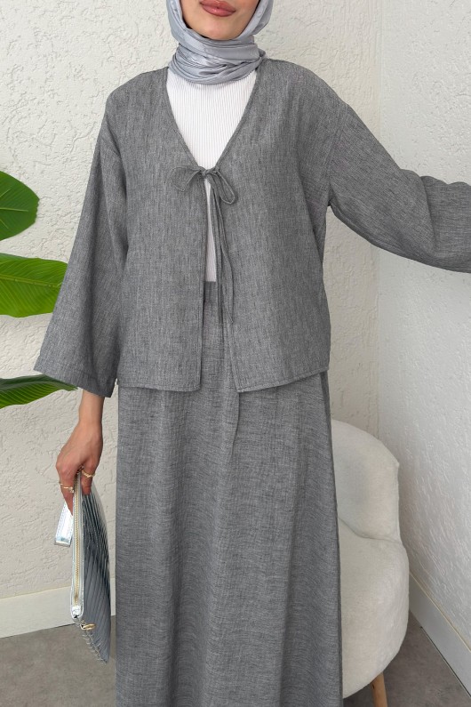 İp Bağcıklı Kimono Etek Takım 2367 - GRİ