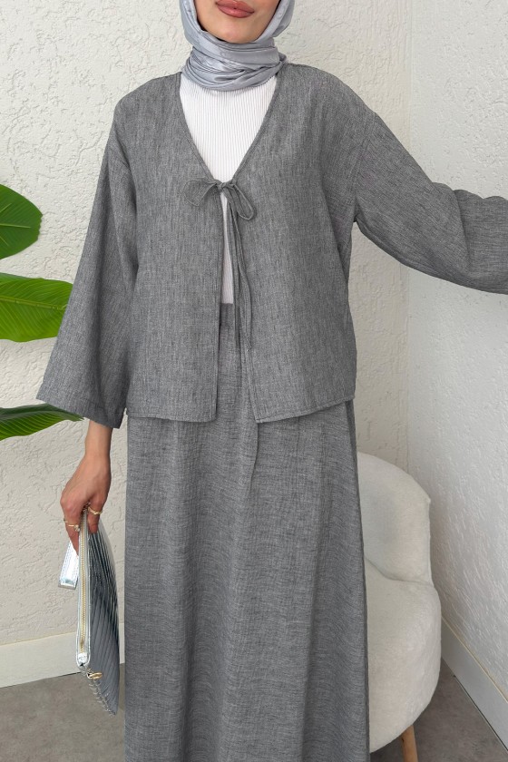 İp Bağcıklı Kimono Etek Takım 2367 - GRİ