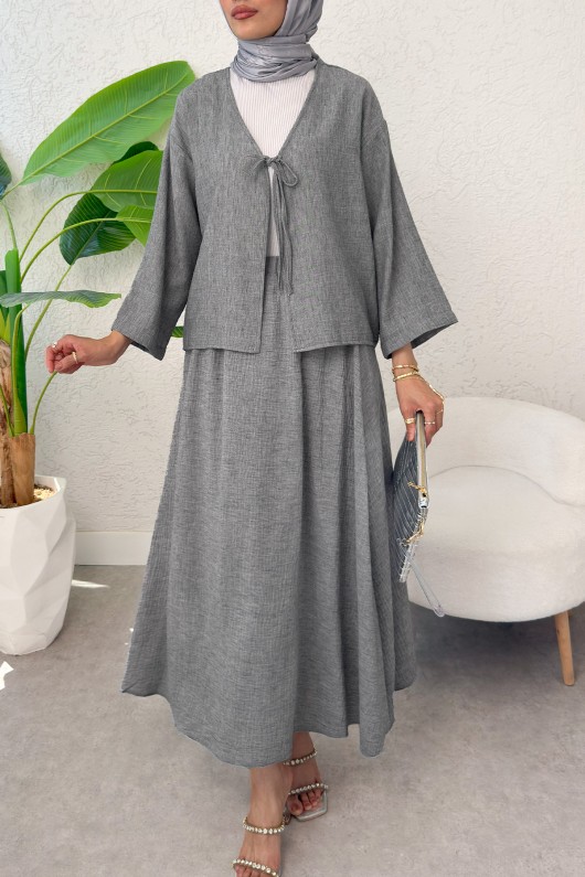İp Bağcıklı Kimono Etek Takım 2367 - GRİ