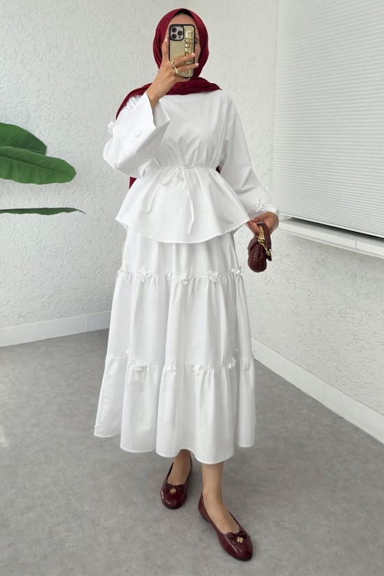 Çiçek Detaylı Etekli Takım 2372 - BEYAZ