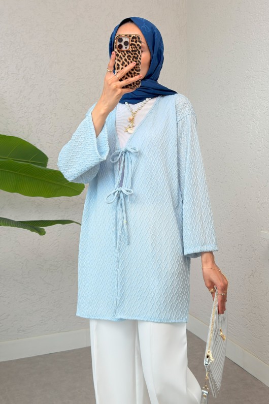 Sarmal Desen Uzun Kimono 2374 - BEBE MAVİSİ
