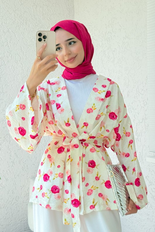 Çiçek Desen Kuşaklı Kimono 2375 - FUŞYA