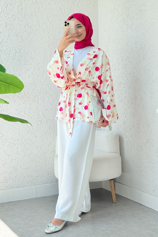 Çiçek Desen Kuşaklı Kimono 2375 - FUŞYA