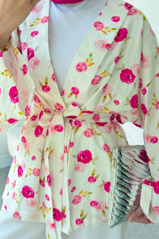 Çiçek Desen Kuşaklı Kimono 2375 - FUŞYA