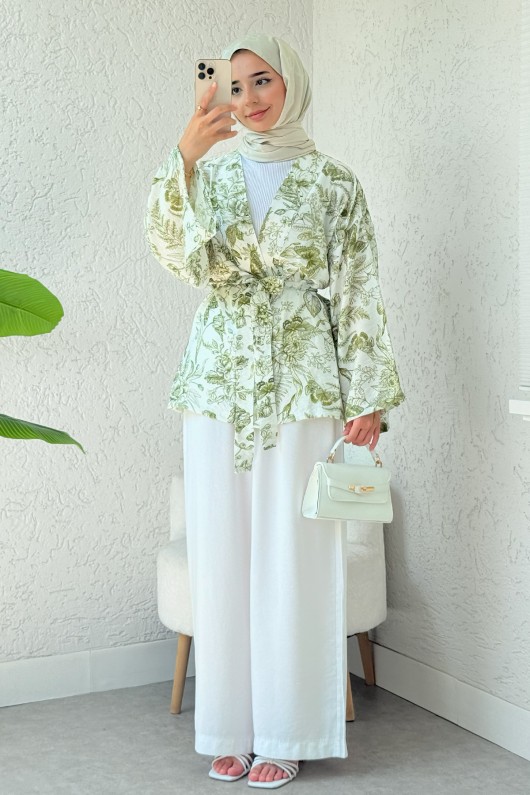 Doğa Desen Kuşaklı Kimono 2375 - HAKİ Doğa Desen Kuşaklı Kimono 2375 - HAKİ