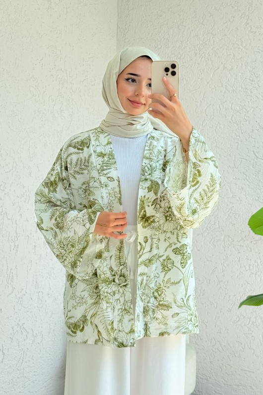 Doğa Desen Kuşaklı Kimono 2375 - HAKİ Doğa Desen Kuşaklı Kimono 2375 - HAKİ