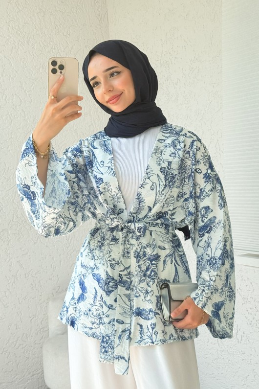 Doğa Desen Kuşaklı Kimono 2375 - MAVİ