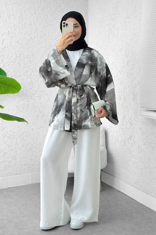Karma Desen Kuşaklı Kimono 2375 - SİYAH