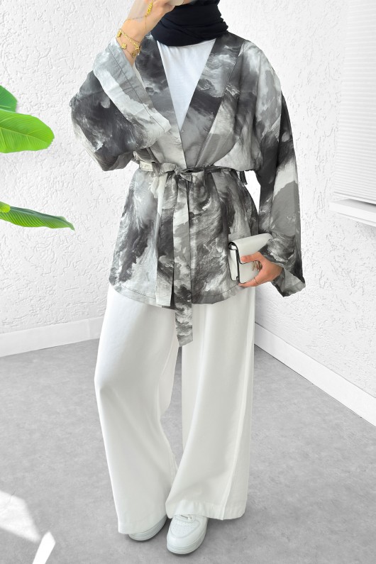 Karma Desen Kuşaklı Kimono 2375 - SİYAH